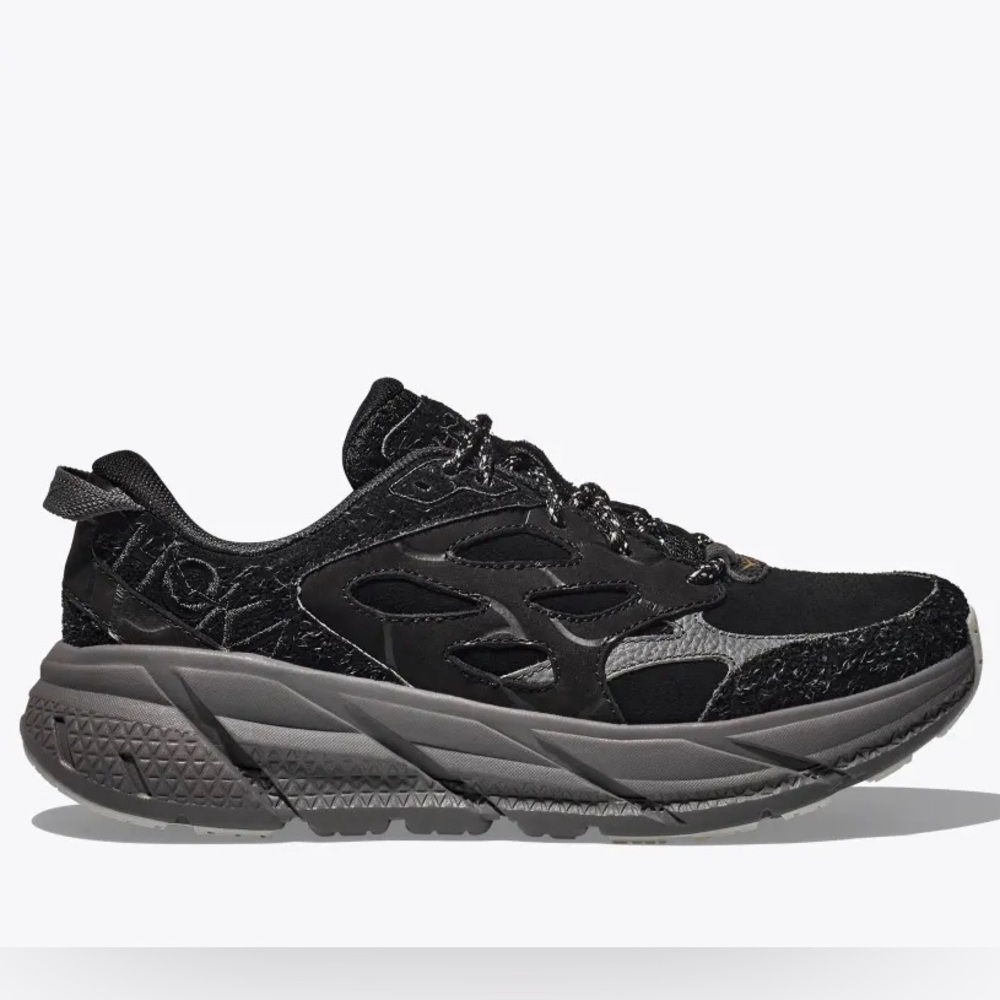 NWT Hoka Clifton Elite Terrain System L Suede Leather All Black Unisex Sneakers - Picture 12 of 16